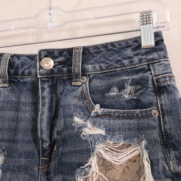 American Eagle Hi Rise Festival Womens Denim Shorts Size 0 Lace Pockets Jeans - Picture 3 of 9